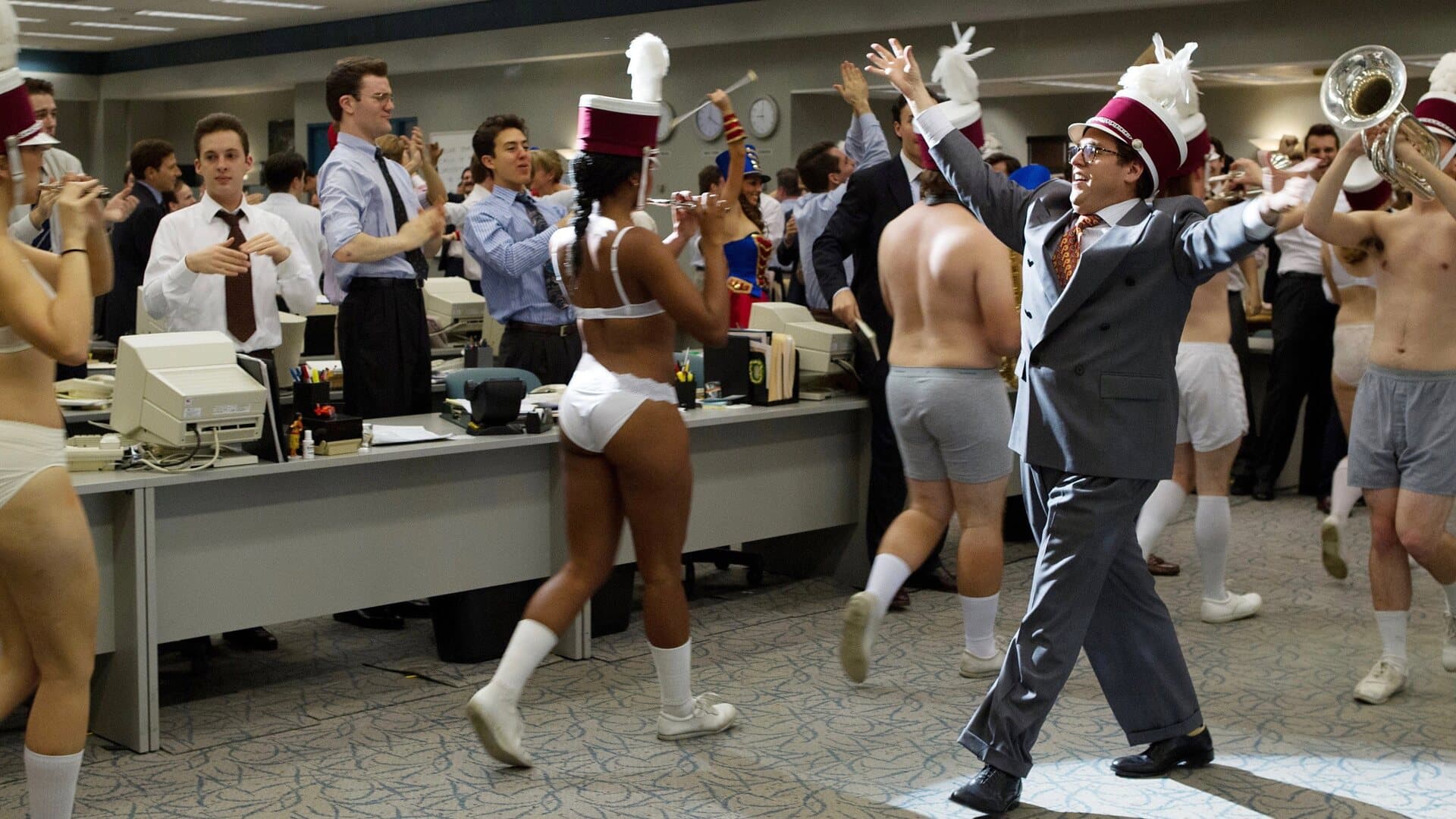 Chaotic celebration on the Stratton Oakmont trading floor